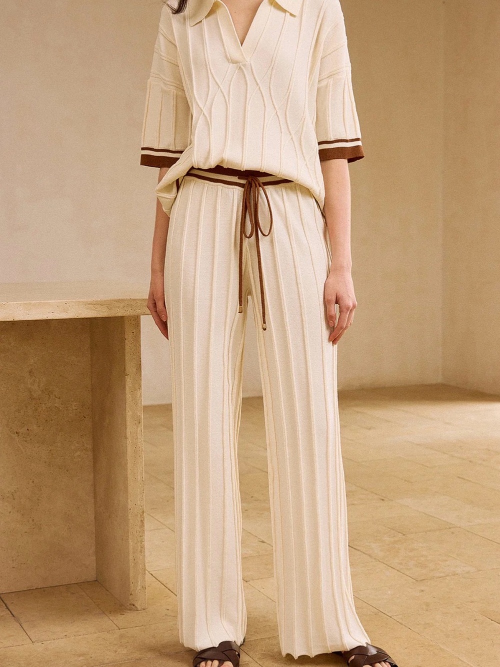 Cream Ribbed Wide-Leg Knit Pants with Brown Trim
